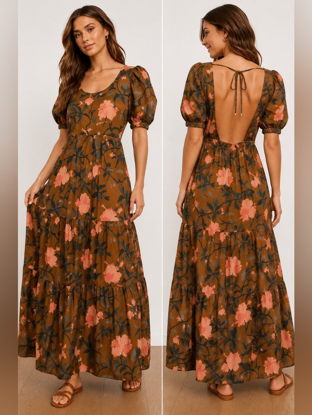 Conditions Apply Floral Tiered Maxi Dress Open Back Boho Medium